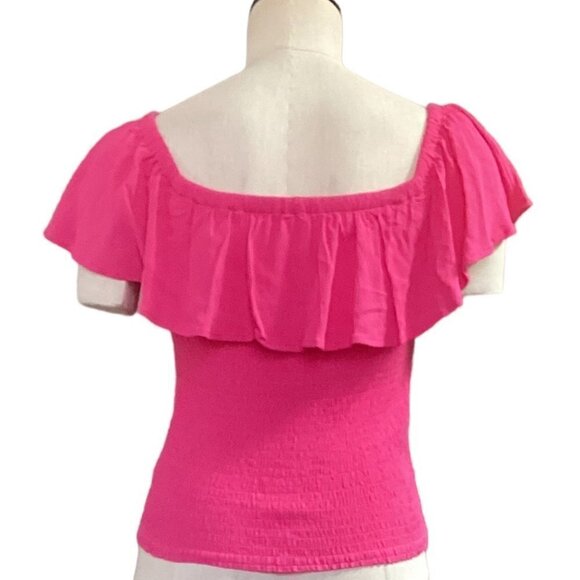 Express Ruffle Neck Smocked Top Button Accents S Pink 70X - Picture 6 of 10